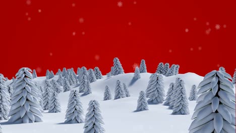 Animación-De-Nieve-Cayendo-Sobre-Abetos-Sobre-Fondo-Rojo