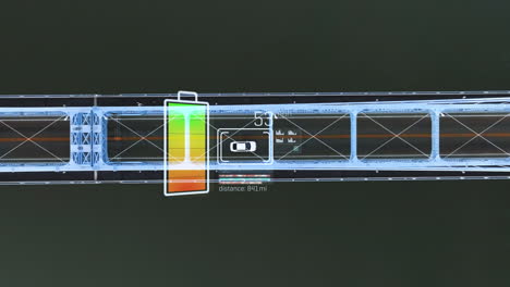 tracking a electric car battery level and distance on a bridge - aerial 3d render