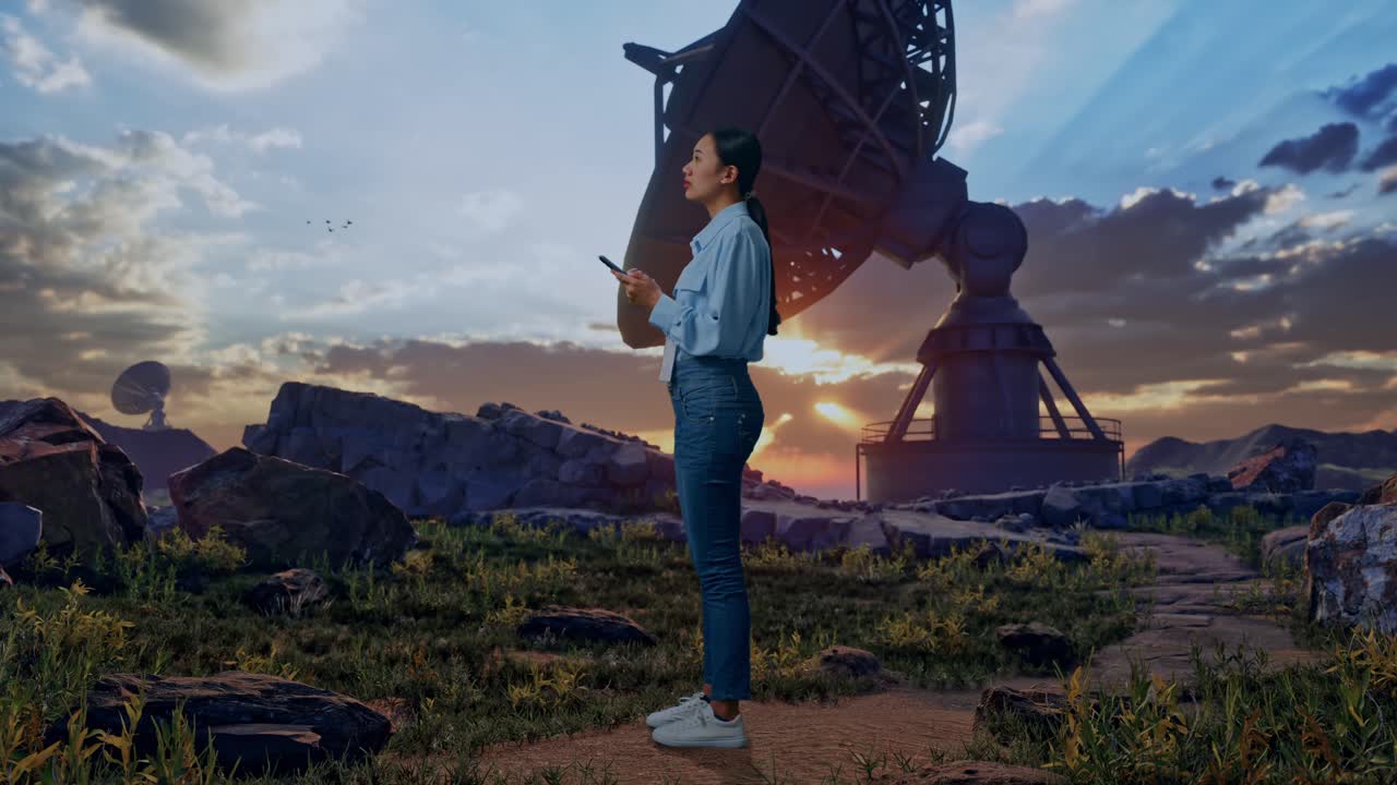 Full Body Side View Of Asian Female Worker With Her Phone With Large Satellite Dish, She Observes By Looking Around Before She Come To Concentrating With Her Smartphone