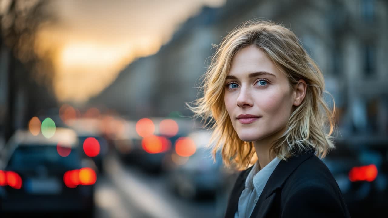 En stilfuld blond kvinde i en by-solnedgangsscene med trafiklys og biler, der fanger essensen af moderne byliv og elegance i skumringen