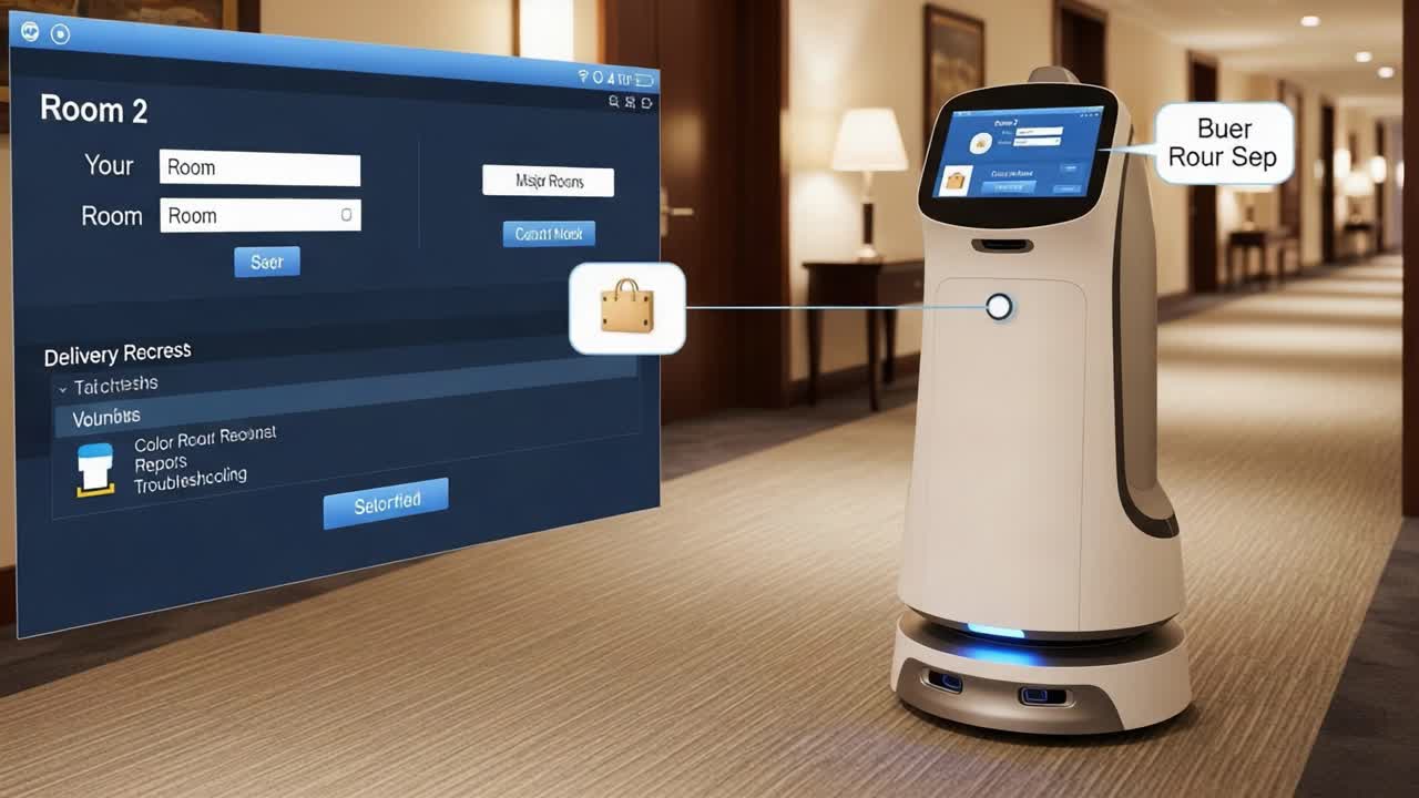 Innovative Hotel Robot: Delivering Room Service with Advanced Touchscreen Technology and Smart Navigation for Efficient Guest Assistance