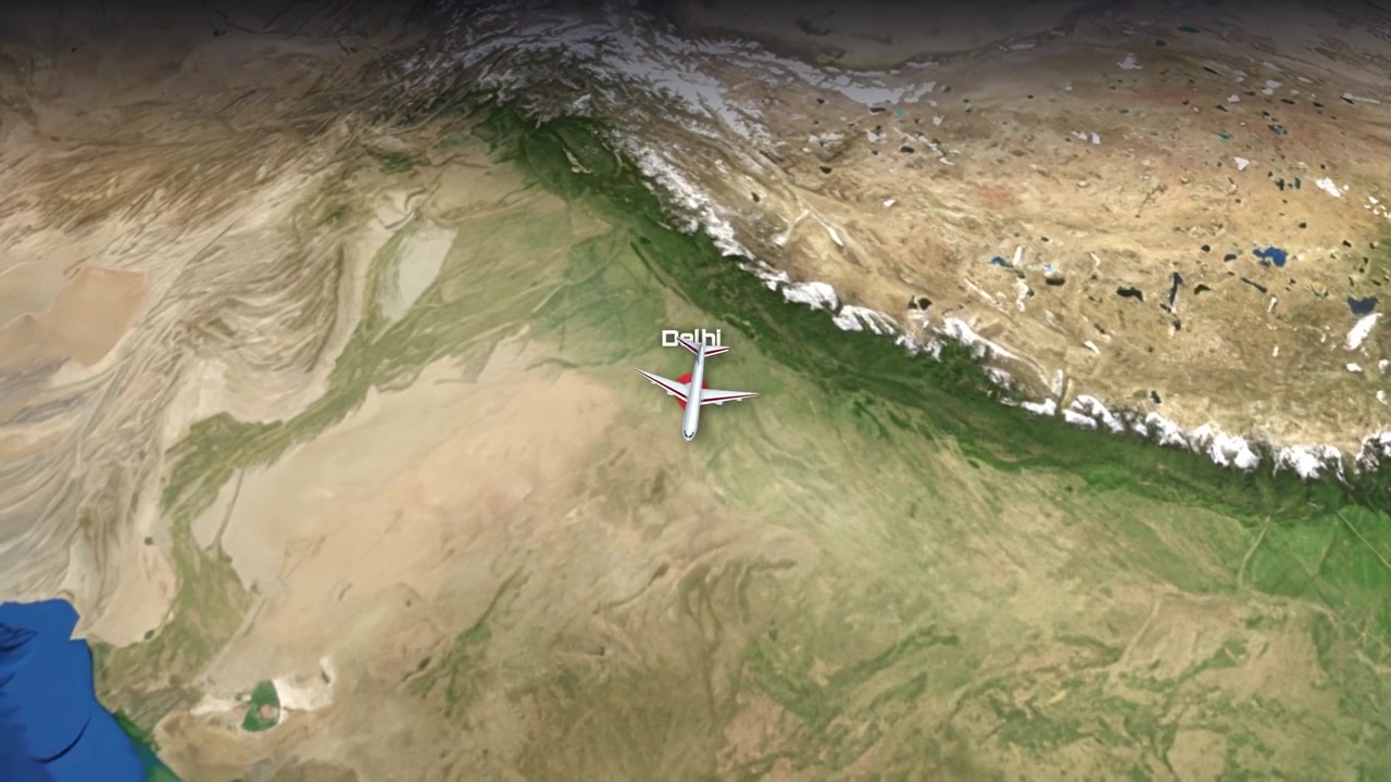 Viaggio aereo animato da Phoenix, USA a Delhi, India