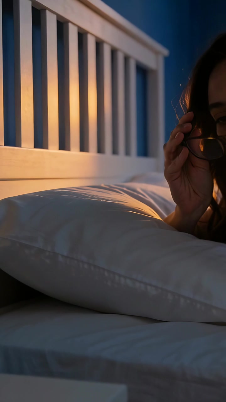 Vertical video: Noticing eyeglasses, woman reaching lifting and putting them on in bed, copy space