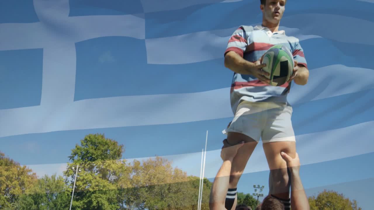 Rugbyspillere løper lineout, løfter en hopper, fanger ballen, sikrer ballen med gresk flagg som toner ut