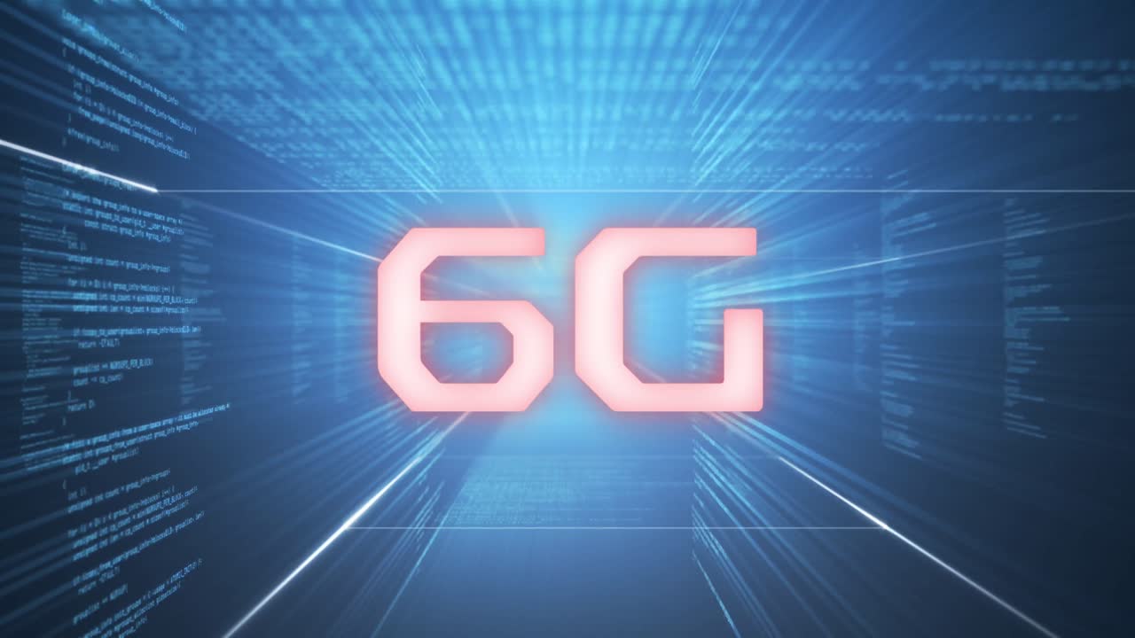 animación de texto de 6g sobre el túnel de procesamiento de datos sobre fondo azul