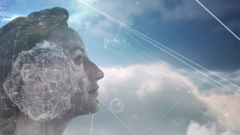 Woman-with-network-of-connections-and-clouds-in-blue-sky-in-the-background.