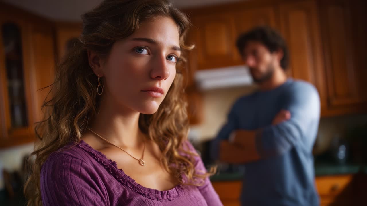 Un momento di tensione tra due persone in una cucina, che cattura le emozioni di conflitto, riflessione e tensione irrisolta in uno spazio domestico