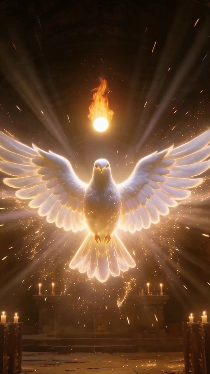 Vertical video: Falling orb drawing white dove hovering at altar for ritual blessing, lit candles