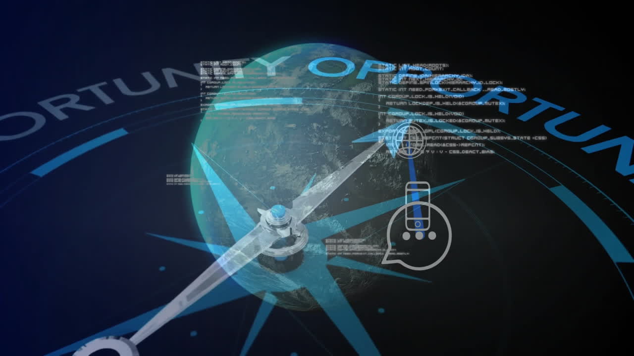 Animation of compass needle pointing to opportunity over digital globe in school