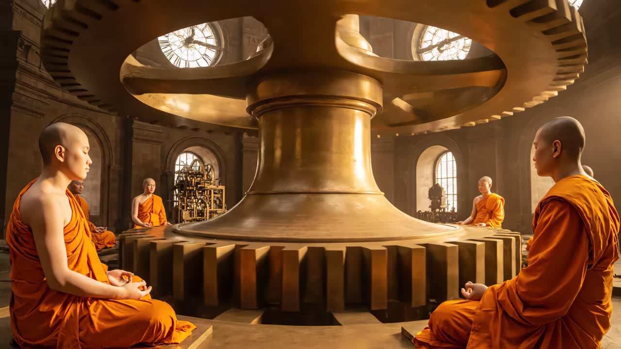 Monks Meditating in a Clockwork Temple