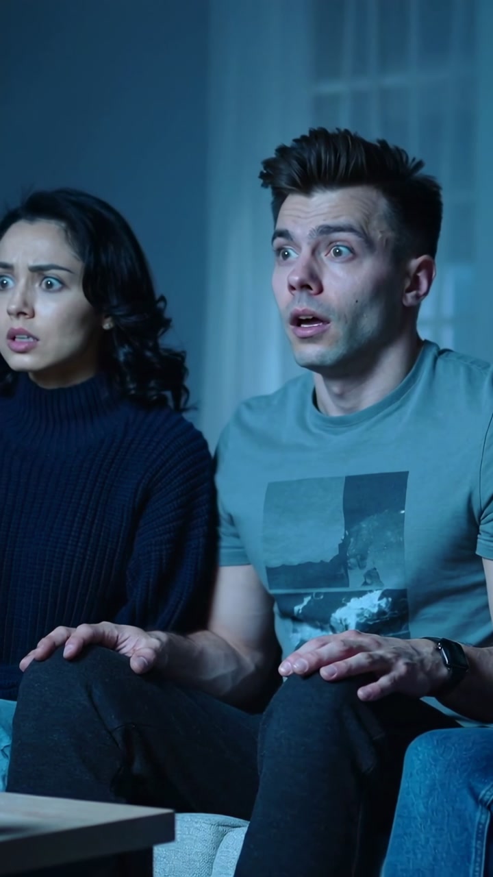 Couple on sofa watching off-screen streaming, leaning forward, tensing hands at plot twist