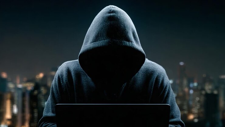 En mystisk figur i en hættetrøje bruger en bærbar computer med en mørk bysilhuet i baggrunden, der fanger essensen af mystik og teknologi om natten