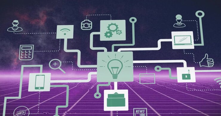 Animation of data processing and network with icons over grid