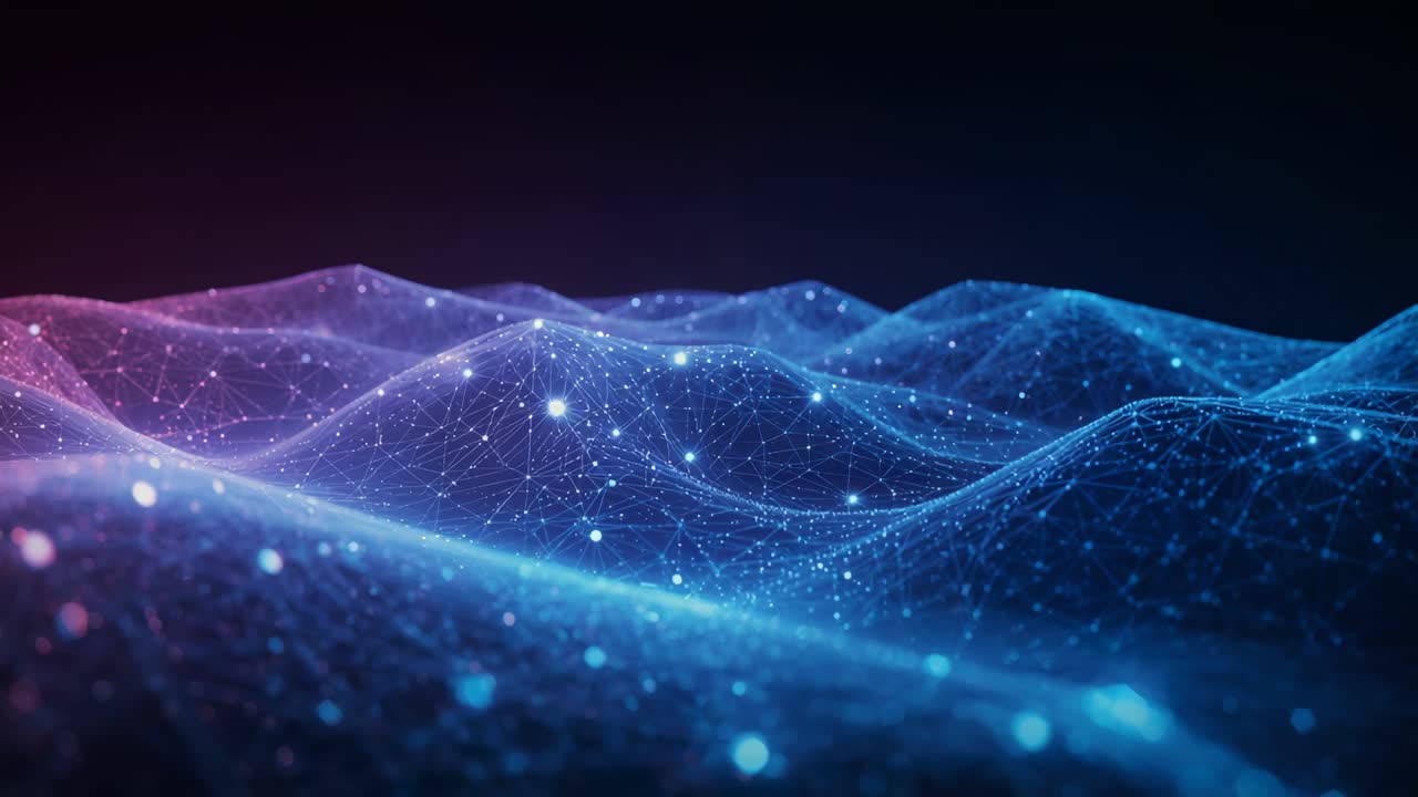 Driving glowing mesh network pulsing across simulated void, nodes brightening showing data flow