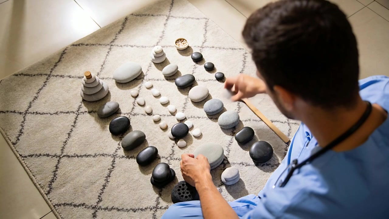 Trabalhador de uniforme com estetoscópio pegando uma pedra e arrumando-as uniformemente em um tapete em casa, espaço para cópia.