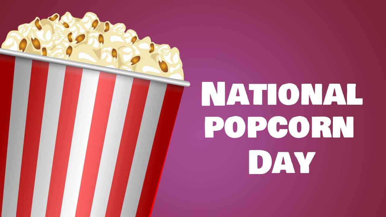 Animacja pudełka popcornu nad tekstem Narodowy Dzień Popcornu