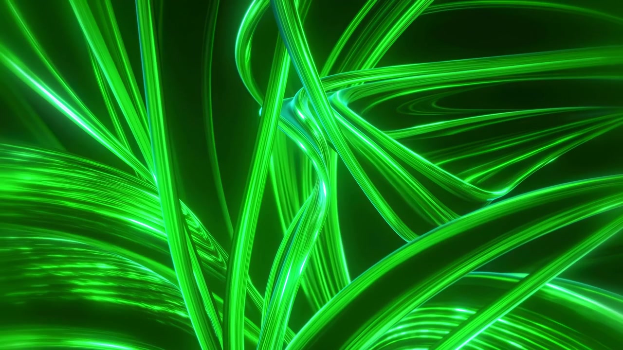 Fili tubolari verde neon si piegano, si sovrappongono e si spostano attraverso l'inquadratura contro il nero, creando archi fluidi, riflessi luminosi, profondità stratificata e un movimento astratto energico.