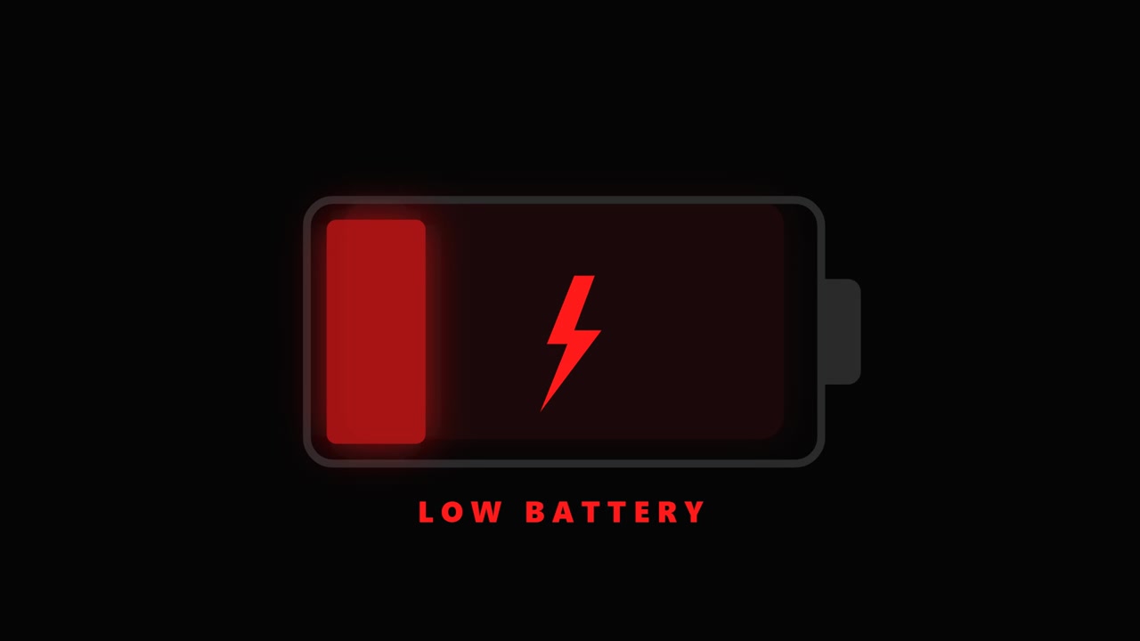 Icona di avviso batteria scarica lampeggiante su sfondo nero