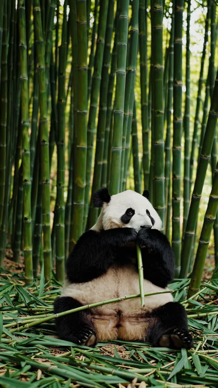 A panda sits among tall bamboo, chewing a stalk. The low-angle shot captures a serene, natural