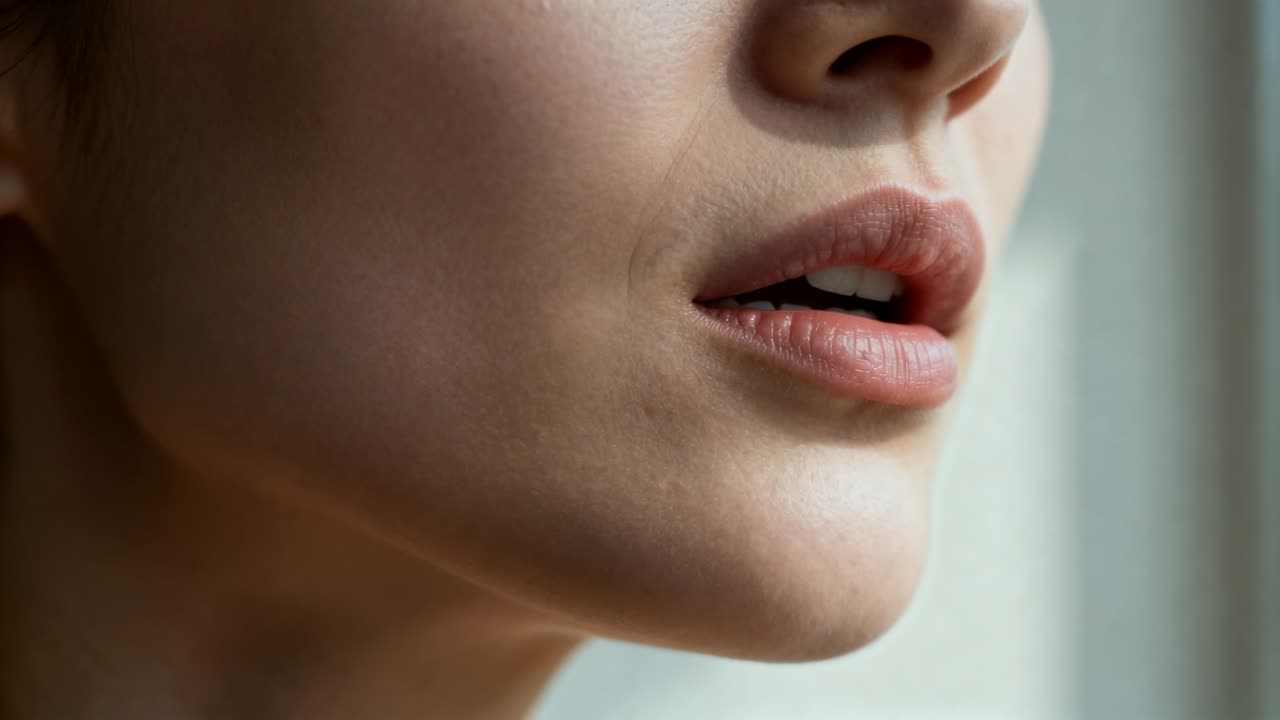 Parte inferiore del viso femminile che inala, pronunciando un suono vocalico breve vicino alla finestra, con labbra, mento e naso