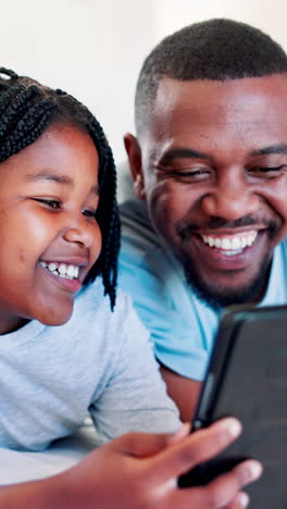 Child,-father-or-tablet-in-bedroom-to-play-video