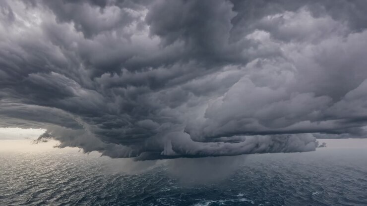 Drammatico scatto grandangolare di un cielo tempestoso sull'oceano, che cattura la potenza della natura