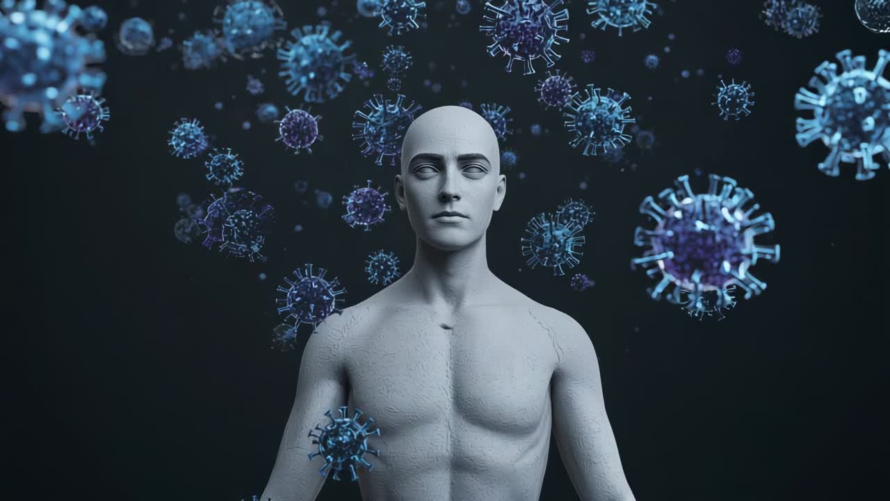 Virus particles attaching to arm, circling model in void, driving camera panning to reveal fissures