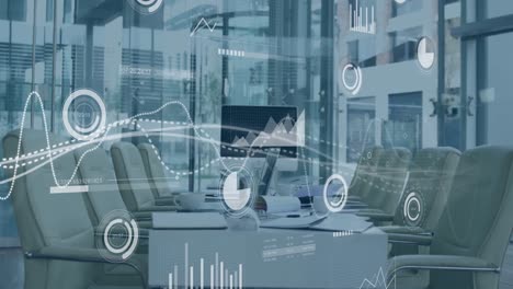 animation of network of conncetions with icons over office interior