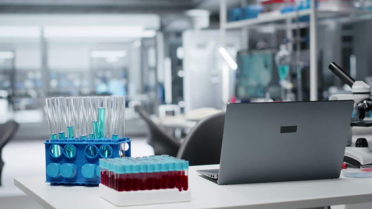 Close up of laptop on laboratory workbench next to microscope and samples