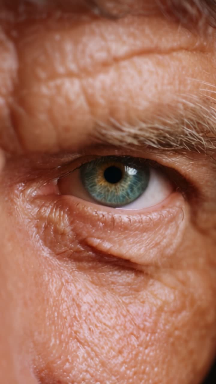 Primo piano sull'occhio di un uomo anziano con colori e texture unici, che mette in risalto le rughe e le caratteristiche che raccontano storie di vita ed esperienze dietro lo sguardo