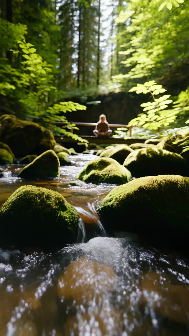 Person Meditating on a Bridge over a Mossy Forest Stream