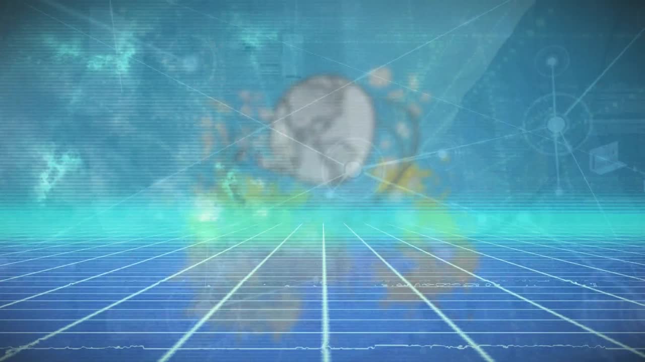 animación de puntos conectados con líneas y patrón de cuadrícula sobre la base de datos contra un fondo abstracto.