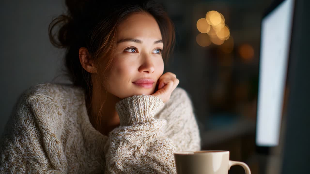 A thoughtful young woman gazes into the distance while seated at a desk adorned with cozy decor and soft lighting, reflecting on her day with a warm beverage in hand, creating a serene and contemplative atmosphere