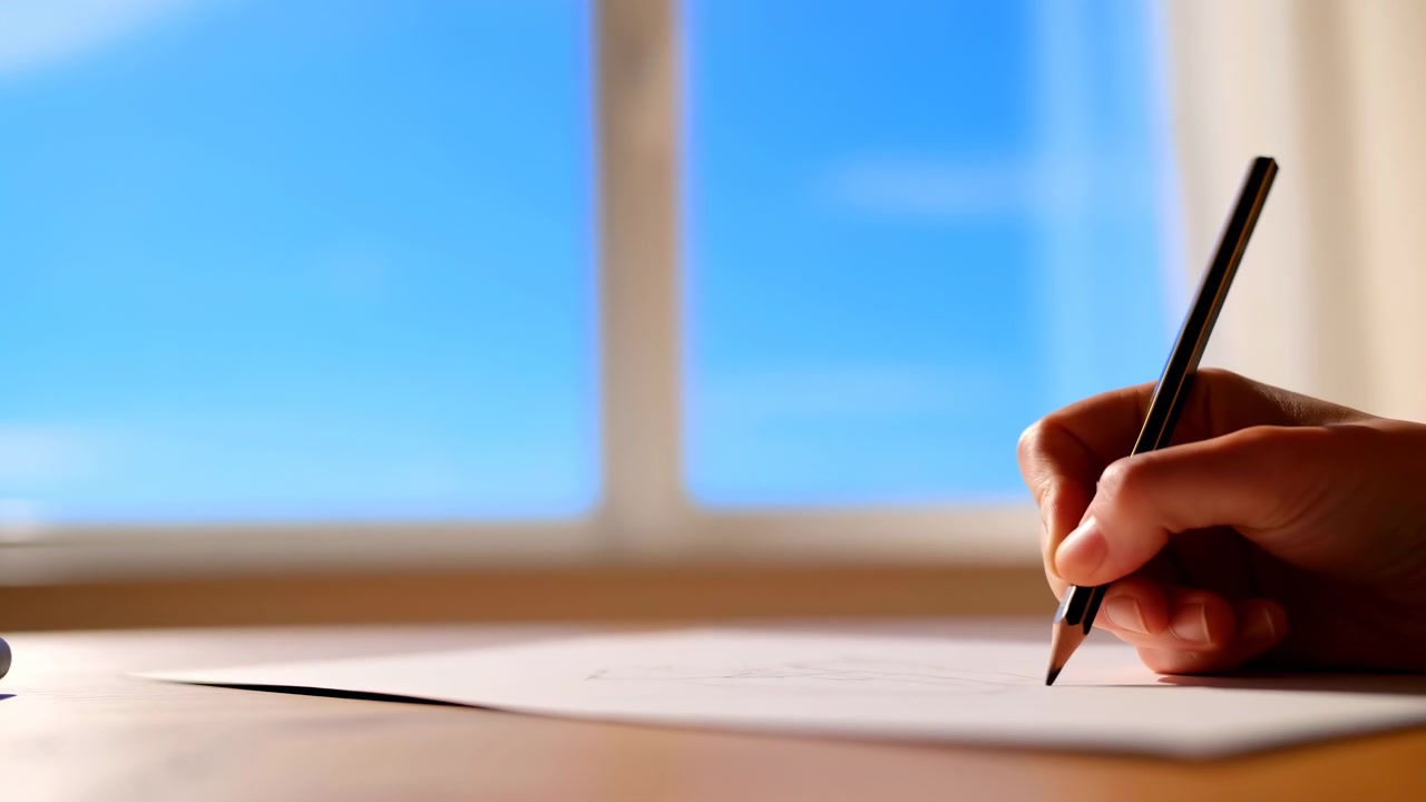 Chronological mid-to-late sequence of an adult hand sketching on paper at lower-right of windowlit wooden desk