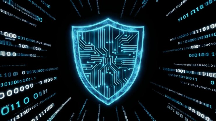 Glowing Cybersecurity Shield with Circuit Board and Binary Code Animation