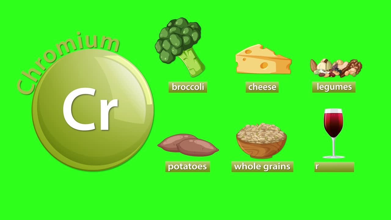 Icona dell'elemento cromo animata con broccoli, formaggio, legumi, patate, cereali integrali, vino rosso su sfondo verde