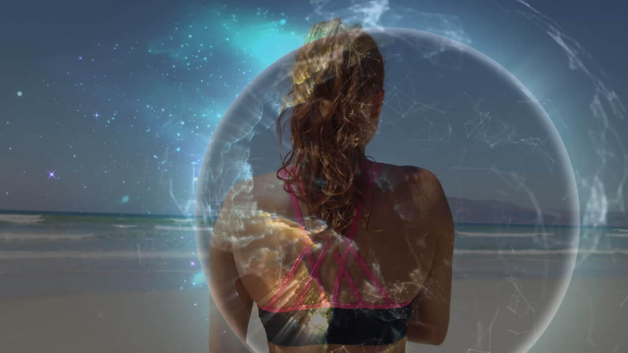 animación del globo sobre mujer caucásica estirándose en la playa