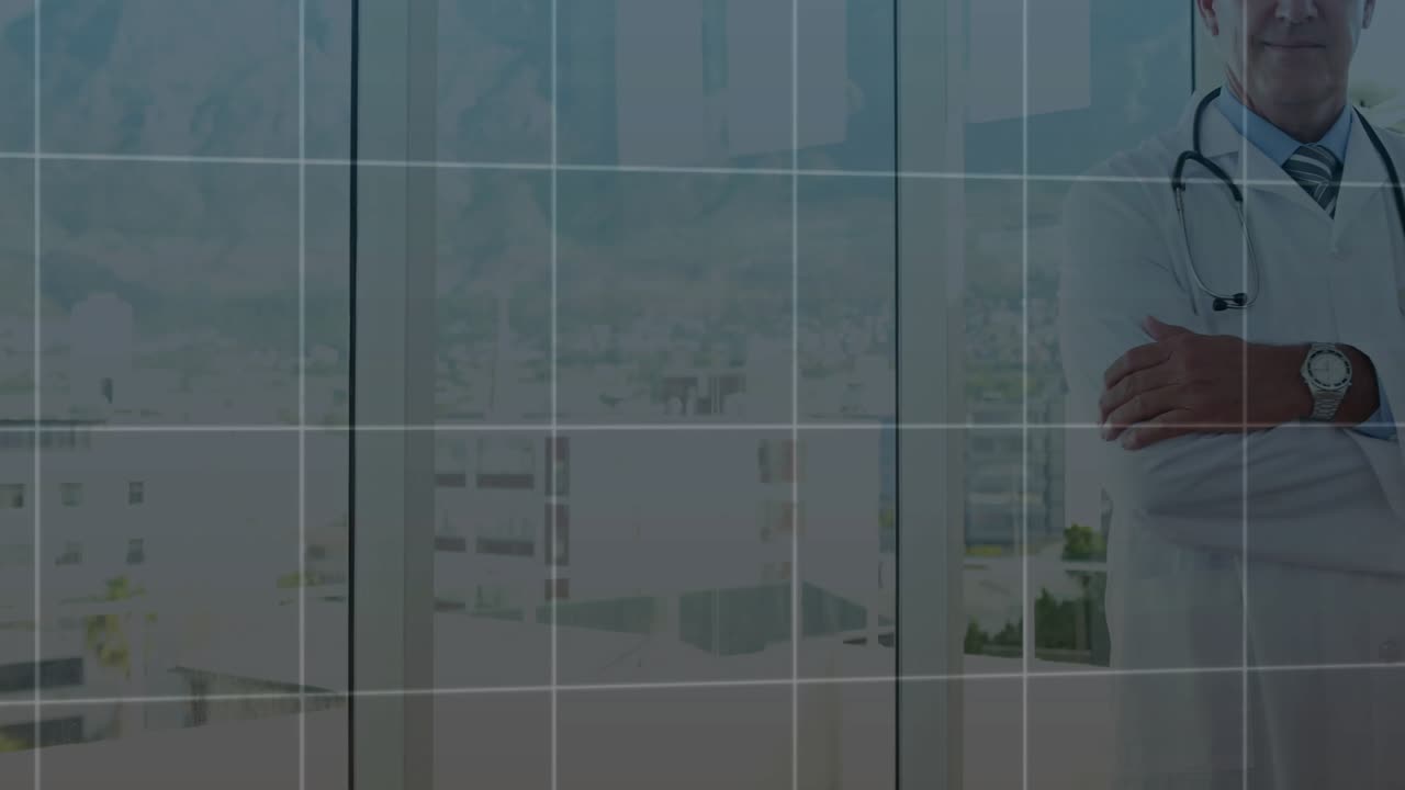 Médico de pé enquanto uma grade aparece, barras sobem e nós formam um mapa-múndi, visualizando dados de saúde