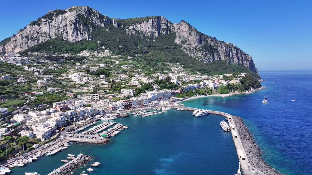 Capri Island At Naples In Campania Italy. Beach Landscape. Tourism Landmark. Capri Island At Naples In Campania Italy. Gulf Of Naples Skyline. Coastal Cityscape. Mediterranean Sea.