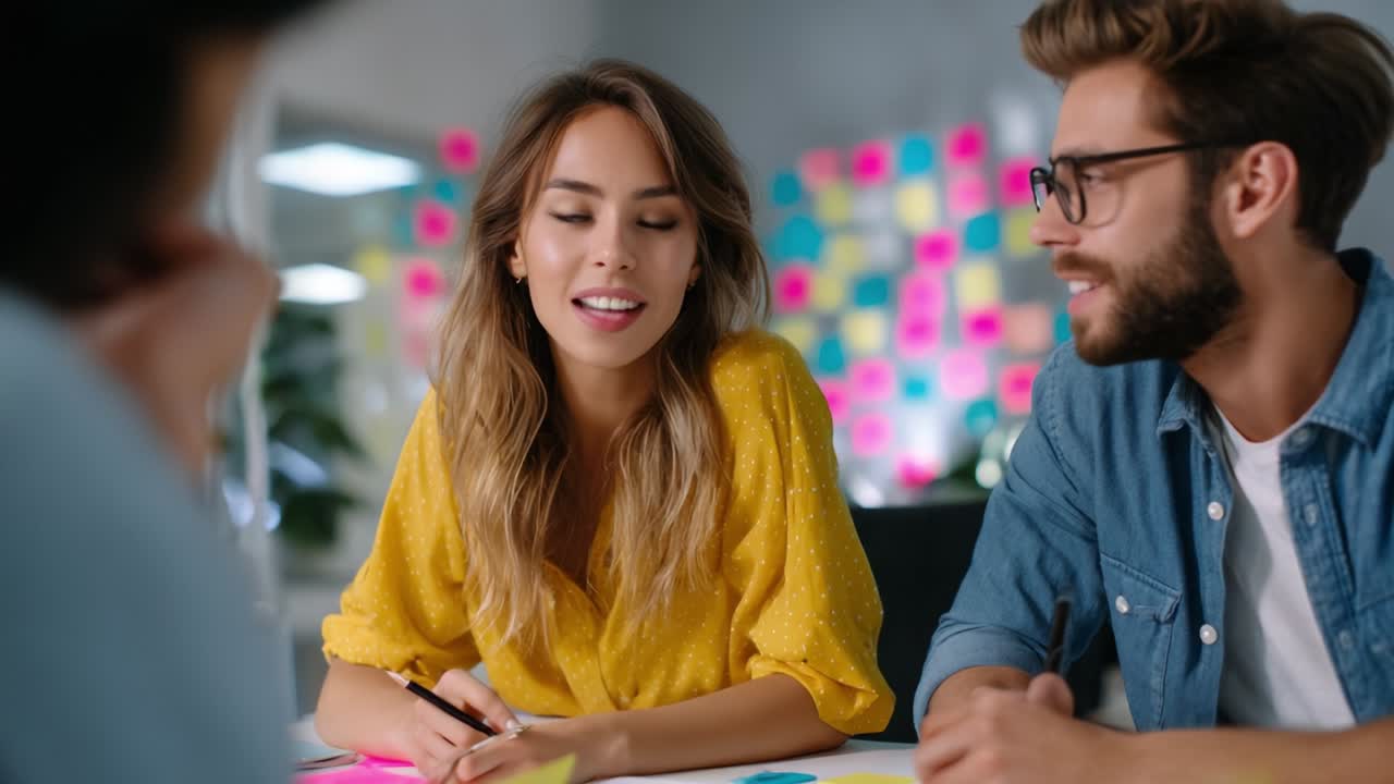 A dynamic and engaging brainstorming session unfolds, featuring two young professionals deep in conversation while surrounded by colorful sticky notes, indicating teamwork, creativity, and innovative thinking