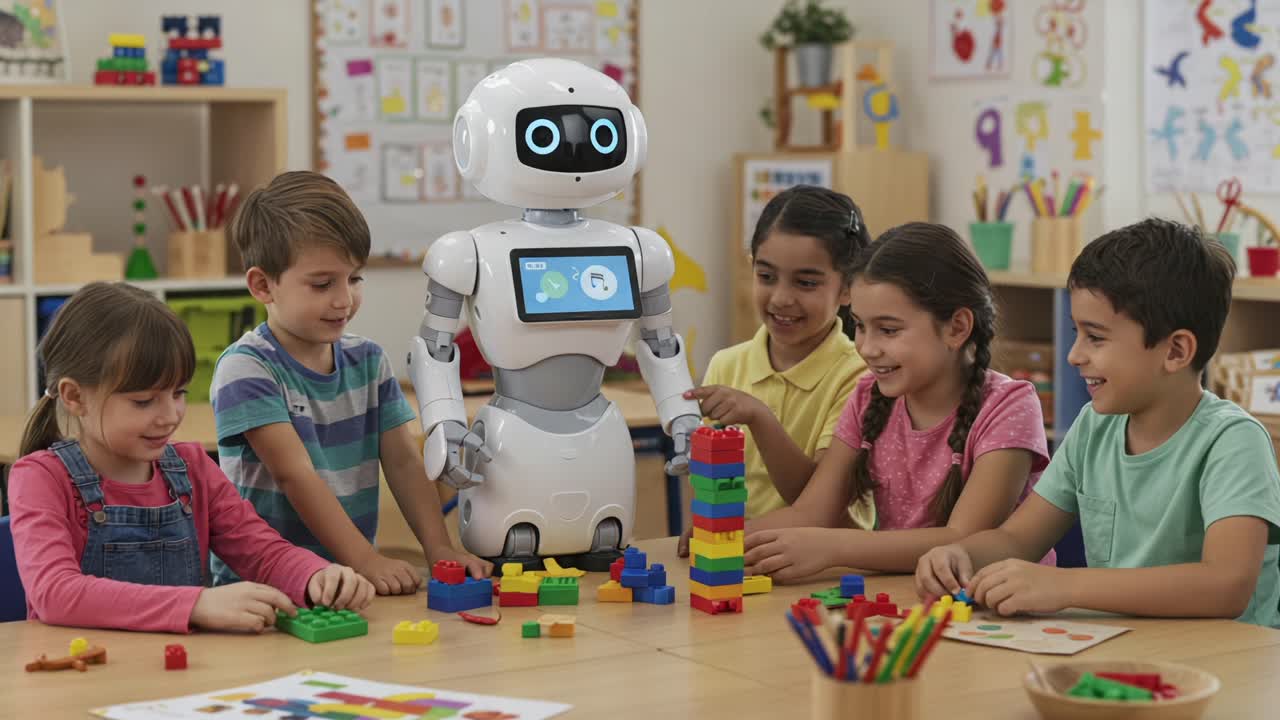 Engaging Learning: Children Collaborate with a Friendly Robot While Building Colorful Structures with Blocks in a Classroom Setting
