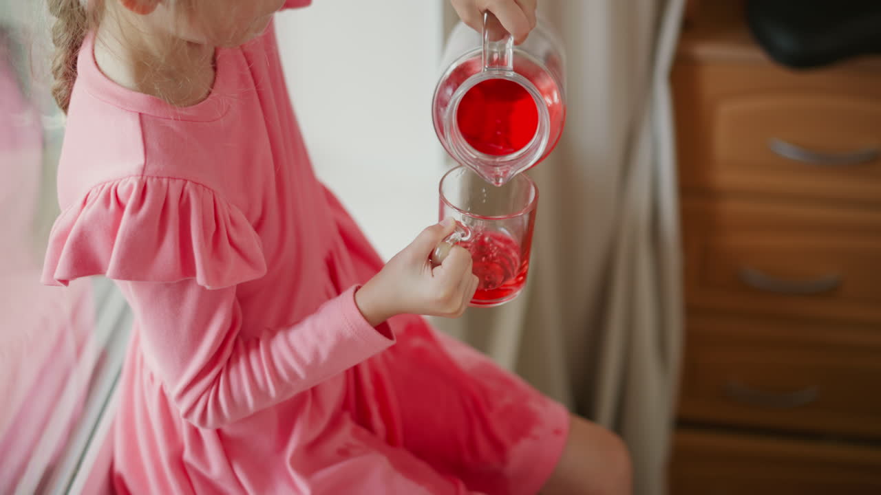 Young girls pouring and drinking juice