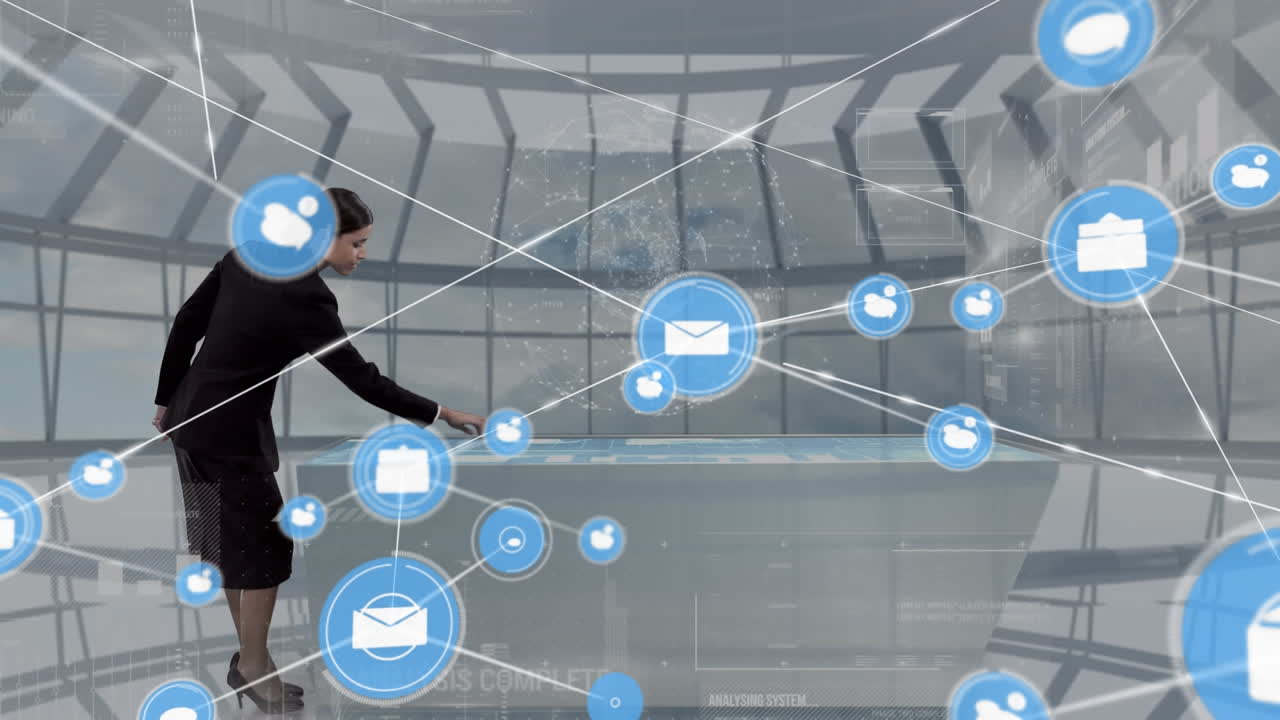 Animation of network of connections with icons over businesswoman touching interactive screen