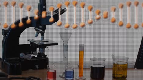 Animation-Eines-3D-DNA-Strangs,-Der-Sich-über-Mikroskop-Und-Laborgefäßen-Dreht