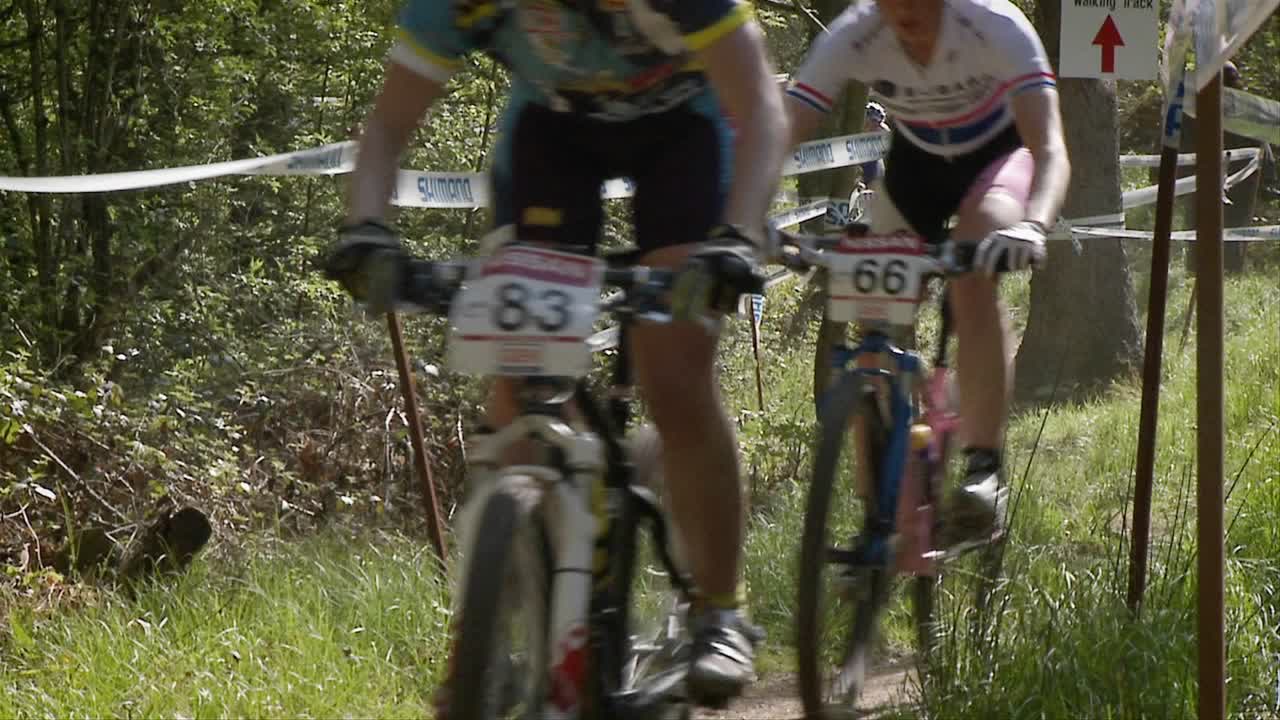 산악 자전거 그룹이 코스 트레일을 경주합니다.