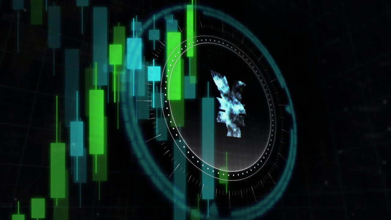 Animation of data processing and cryptocurrency symbol over black background