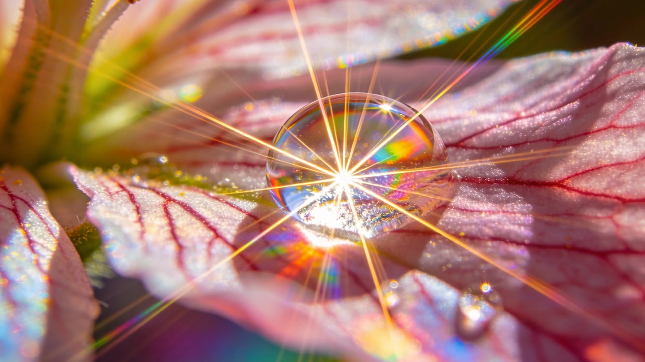Luce solare brillante che colpisce una goccia di rugiada, producendo raggi a stella e colori arcobaleno su un petalo rosa