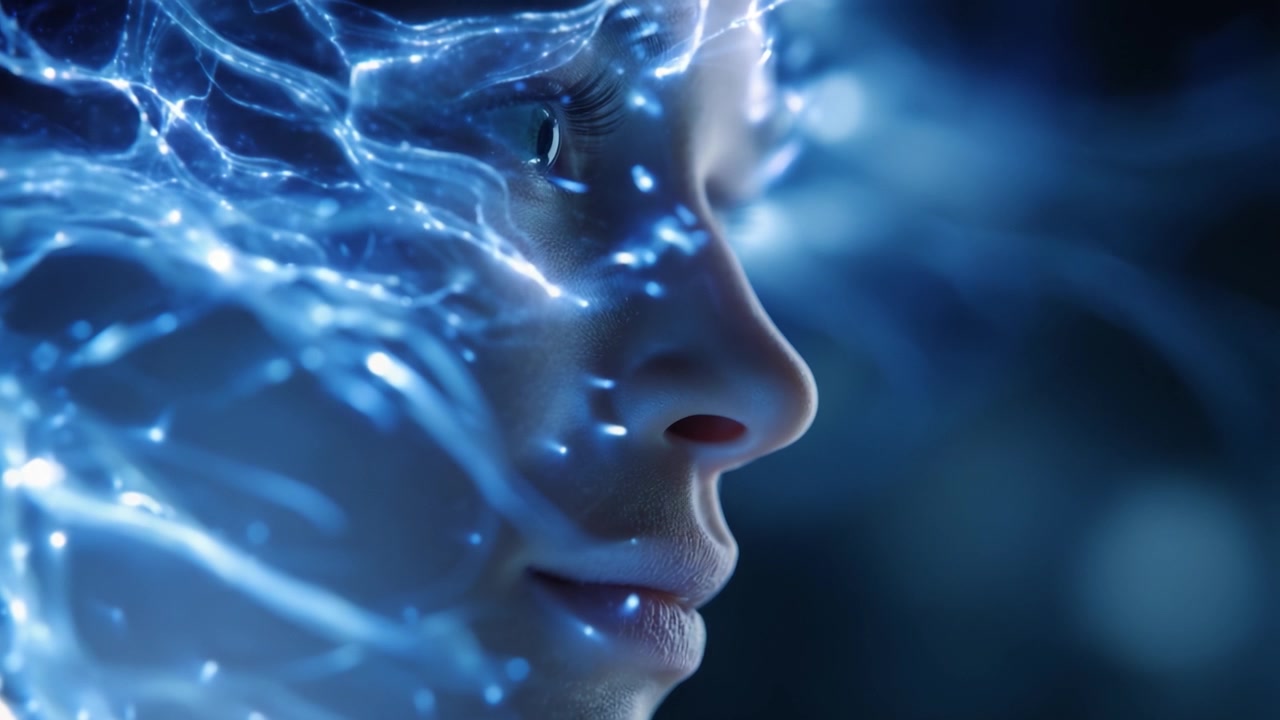 Un primo piano accattivante di un volto sereno adornato con motivi di energia blu luminosa suggerisce una connessione tra tecnologia e coscienza umana.
