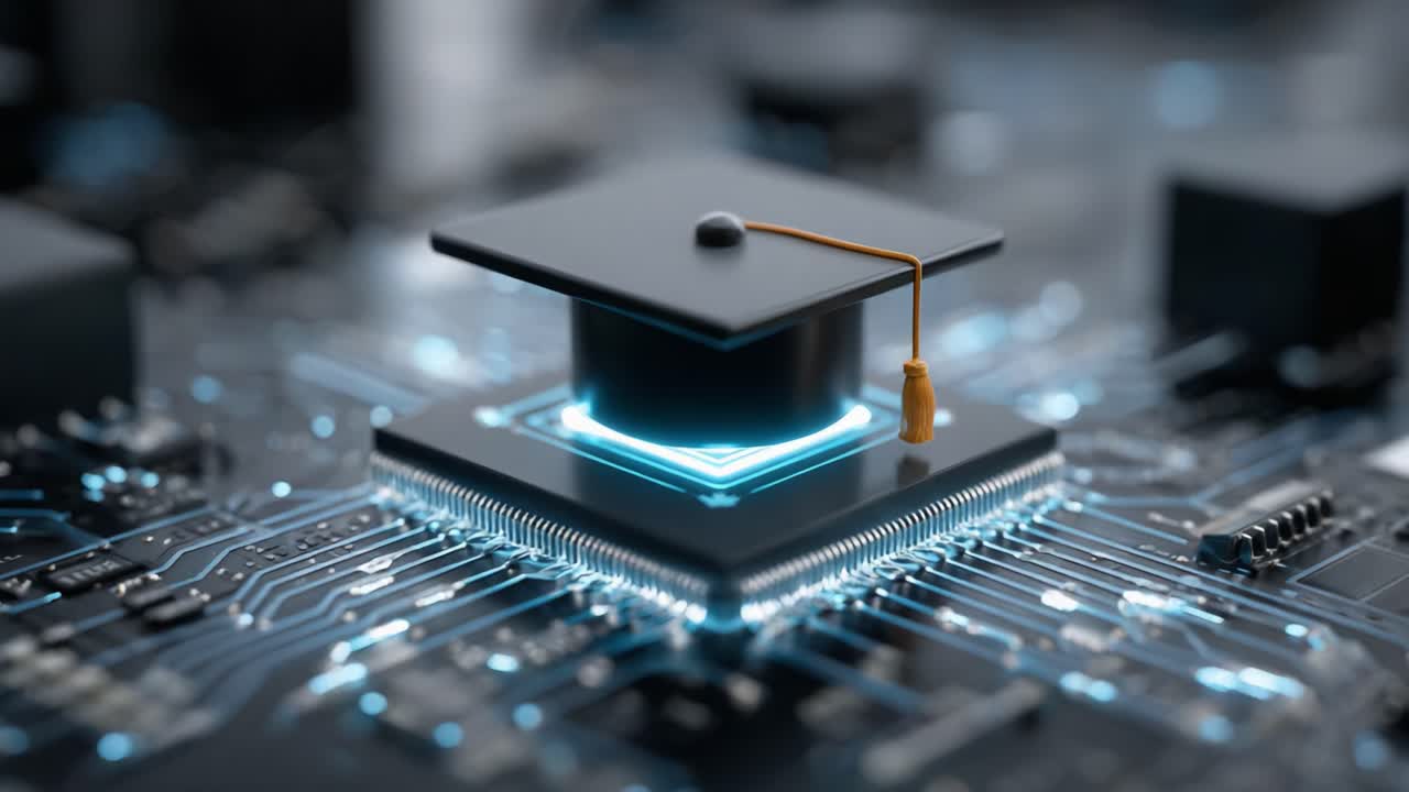 Un diploma digitale: celebrare l'istruzione e la tecnologia con un tocco di laurea su un microchip, a simboleggiare la fusione di conoscenza e innovazione