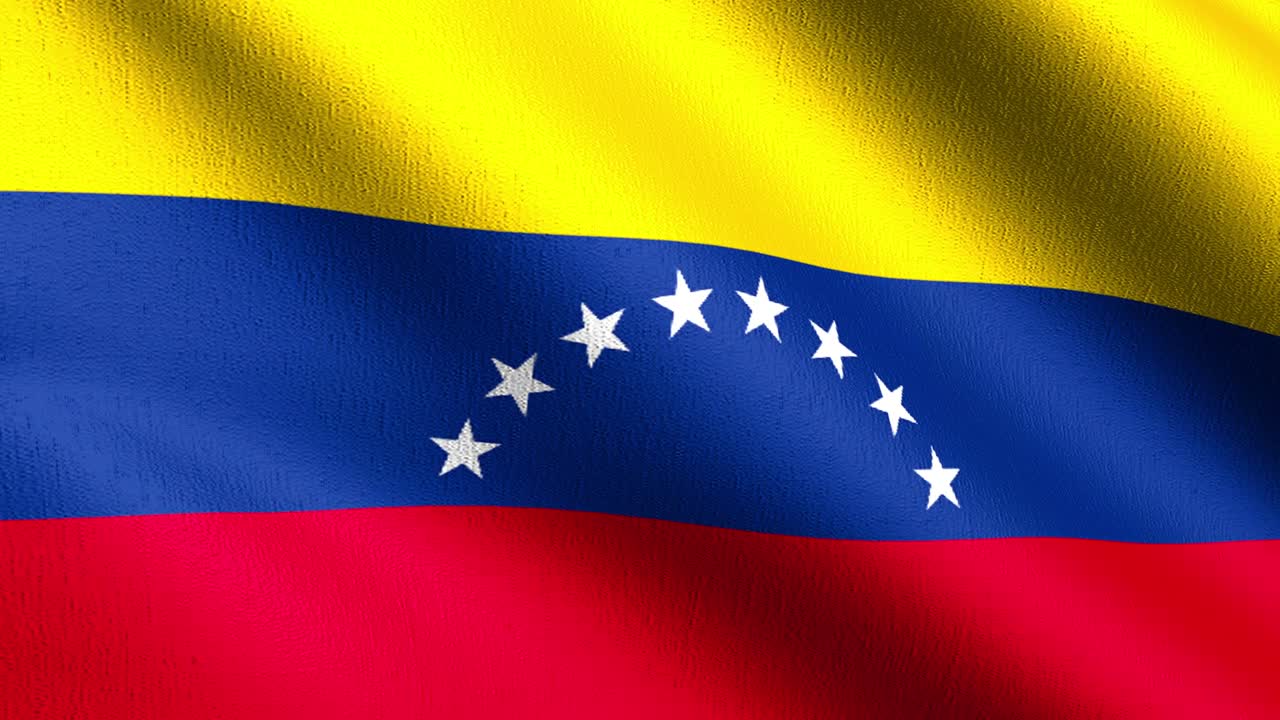Loop Contínuo Vídeo 4K. Bandeira nacional da Venezuela tremulando ao vento isolada. Design abstrato patriótico oficial. Ilustração de renderização 3D de símbolo tremulando